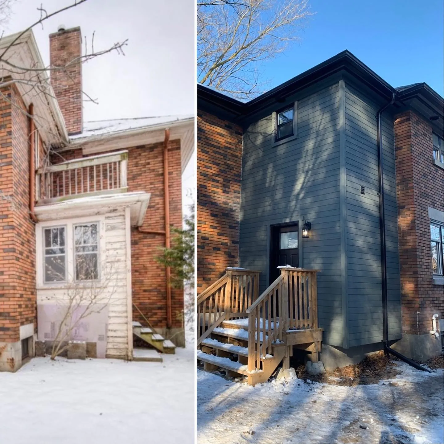 Before and after of a two-story addition on a century home in Waterloo by Caliber Contracting