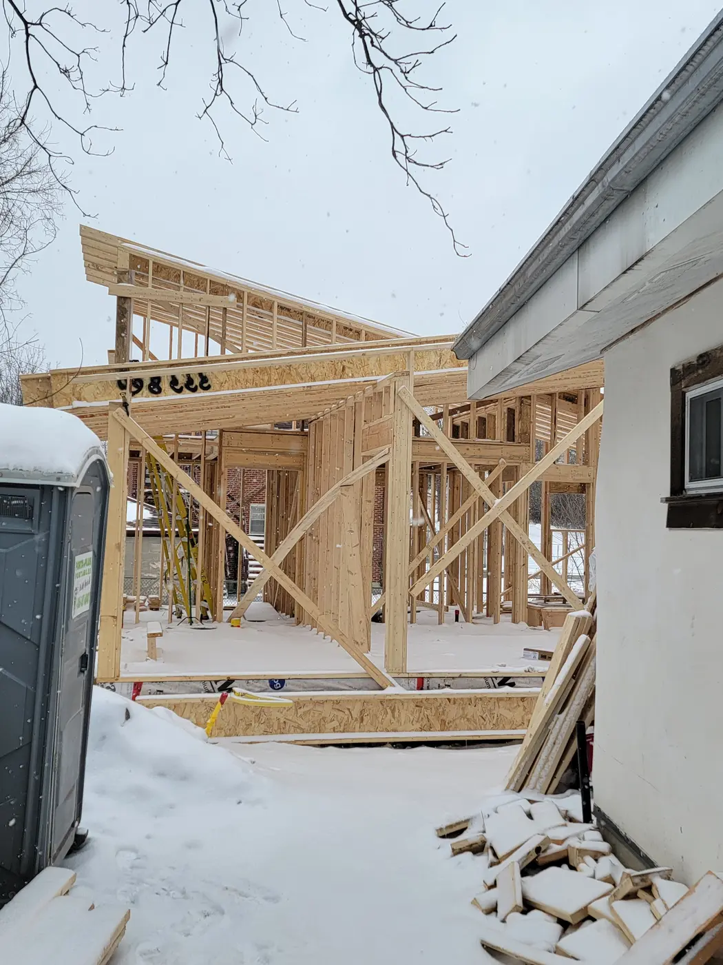 Timber framing of the garden suite going up in winter snow, showing the dramatic single-slope shed roofline
