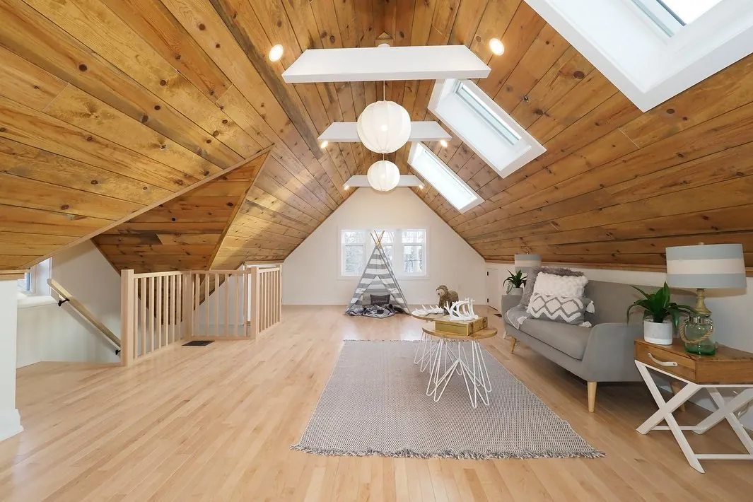 Finished attic with preserved pine ceiling and skylights in the East Ward, Kitchener