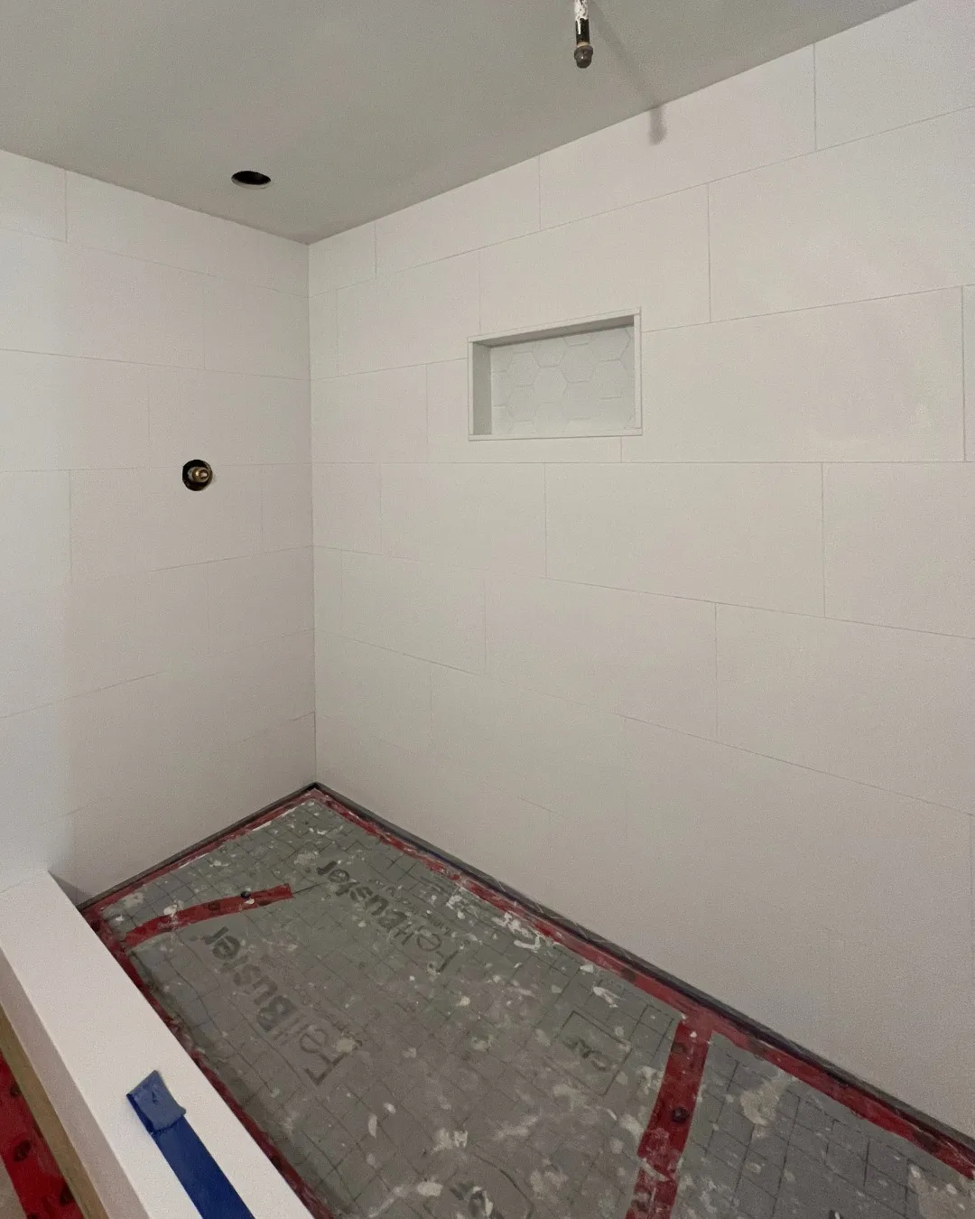 Shower waterproofed and ready for tile installation in Waterloo by Caliber Contracting